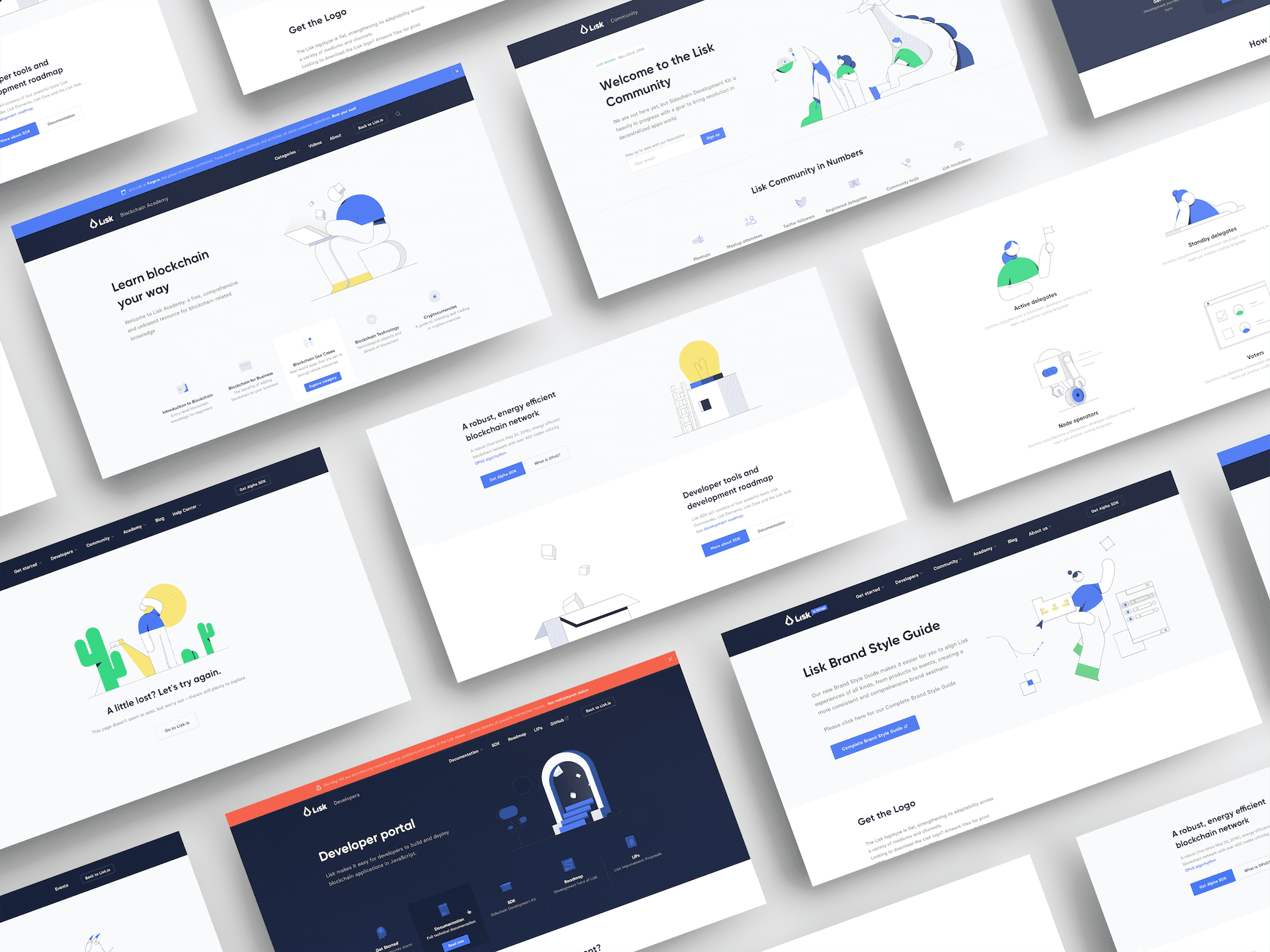 Lisk redesign, mockup with various website screens showing various illustrations