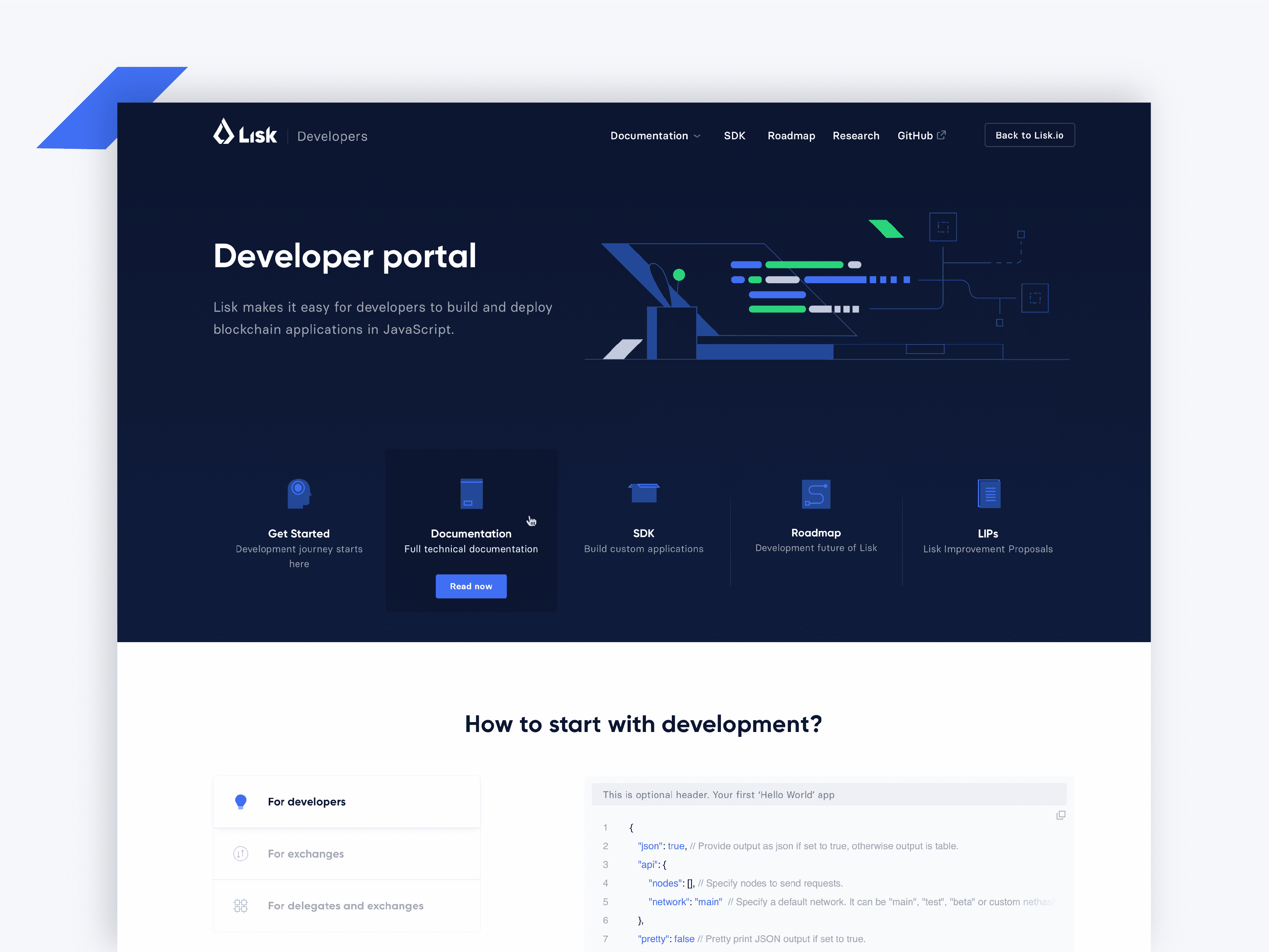 Lisk redesign, mockup showing the design of the developer portal page
