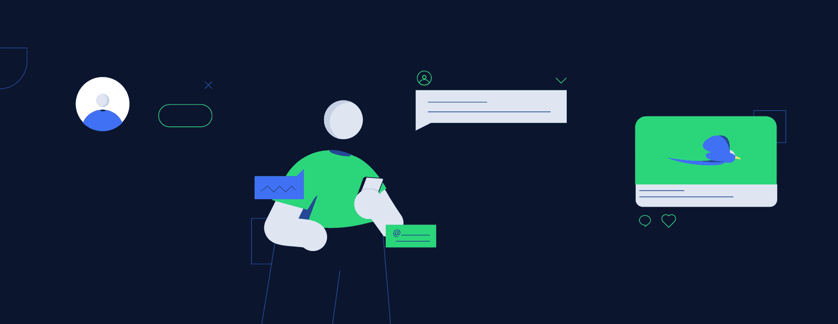 Lisk redesign, branded header image for the Twitter profile, with a character seeing a Twitter feed