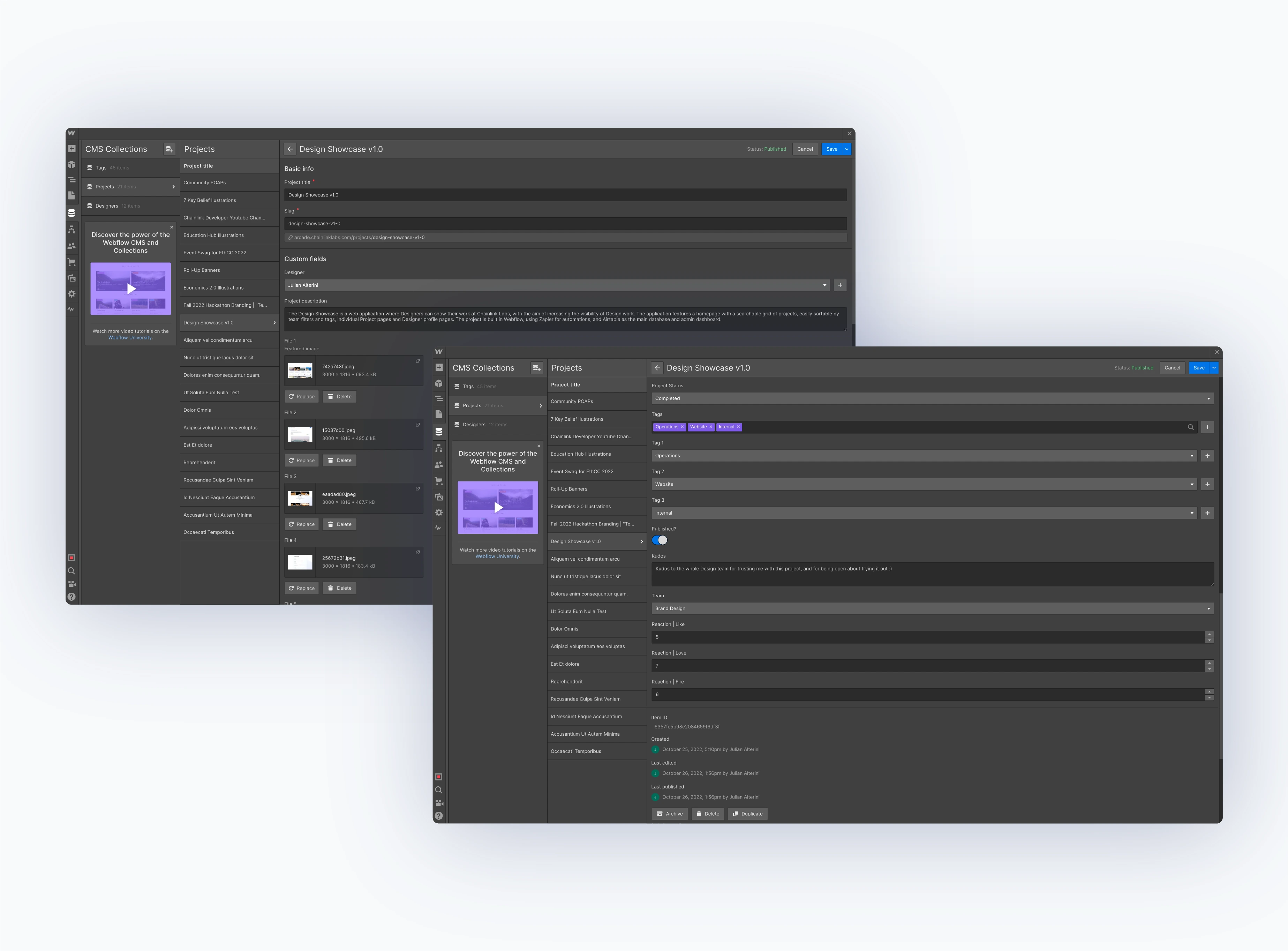 Design Showcase, overview of collections in Webflow