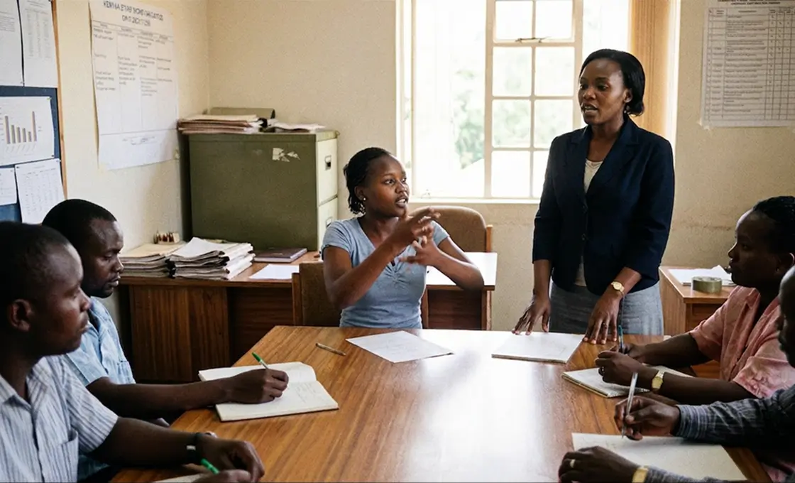 A deaf woman signing during a work meeting with her colleagues. Her interpreter is next to her.