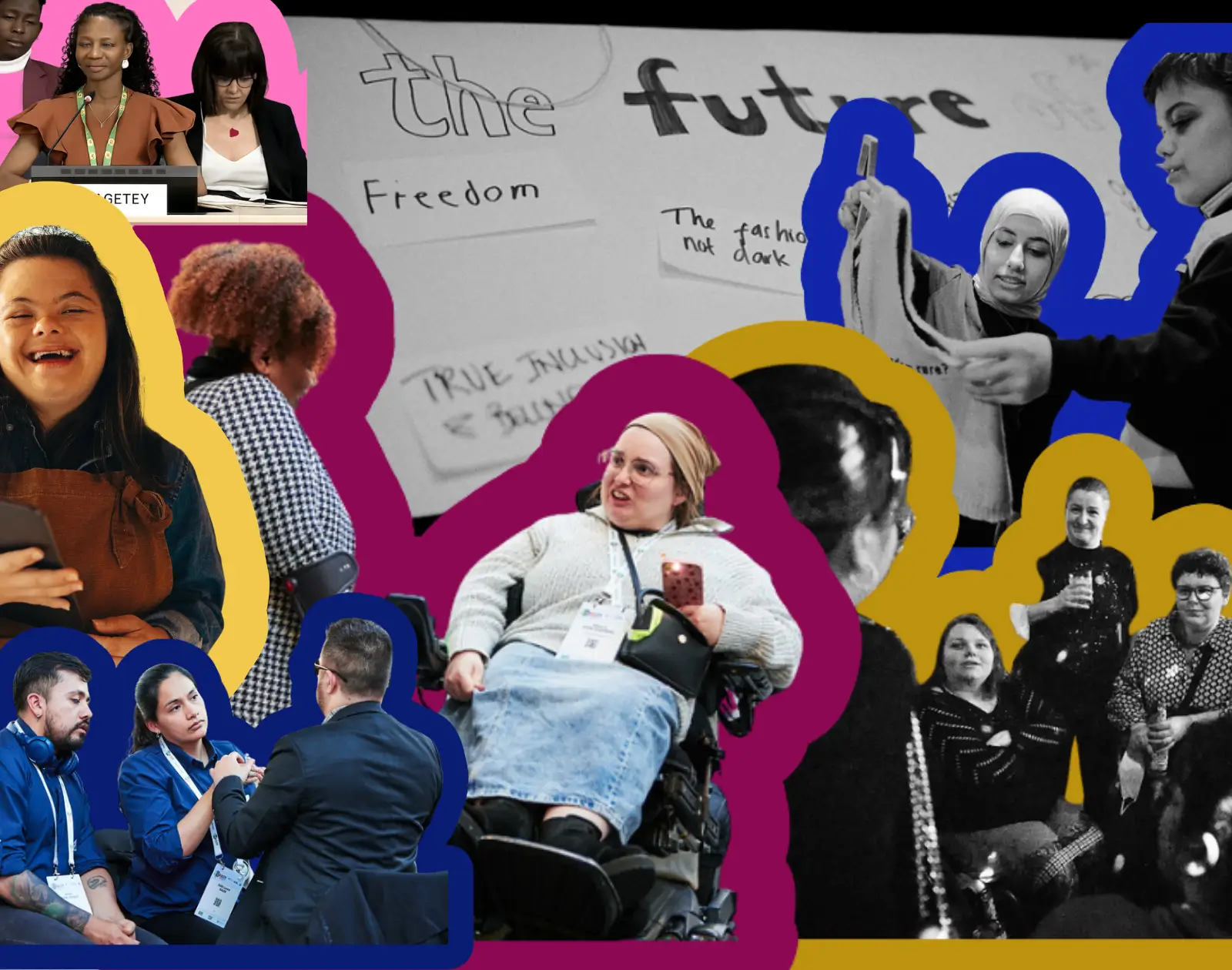 A colourful collage of people with disabilities, including a wheelchair user ,a little woman. and a deaf man with an interpreter.