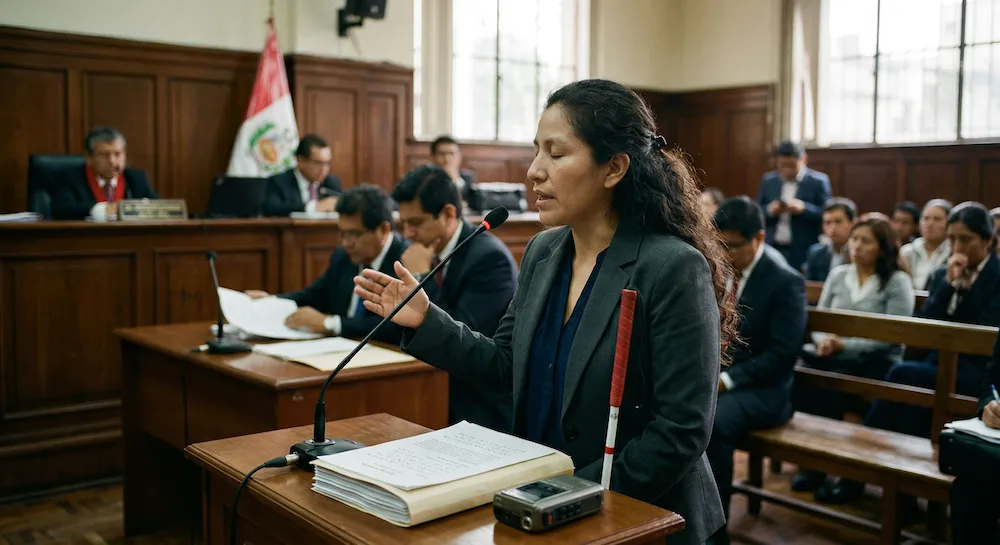 A woman with a white cane speaking at a courtroom microphone during a trial with judges and audience present.