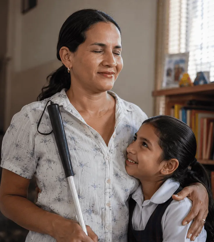 A blind woman with a white cane embracing a smiling girl who is looking to her.
