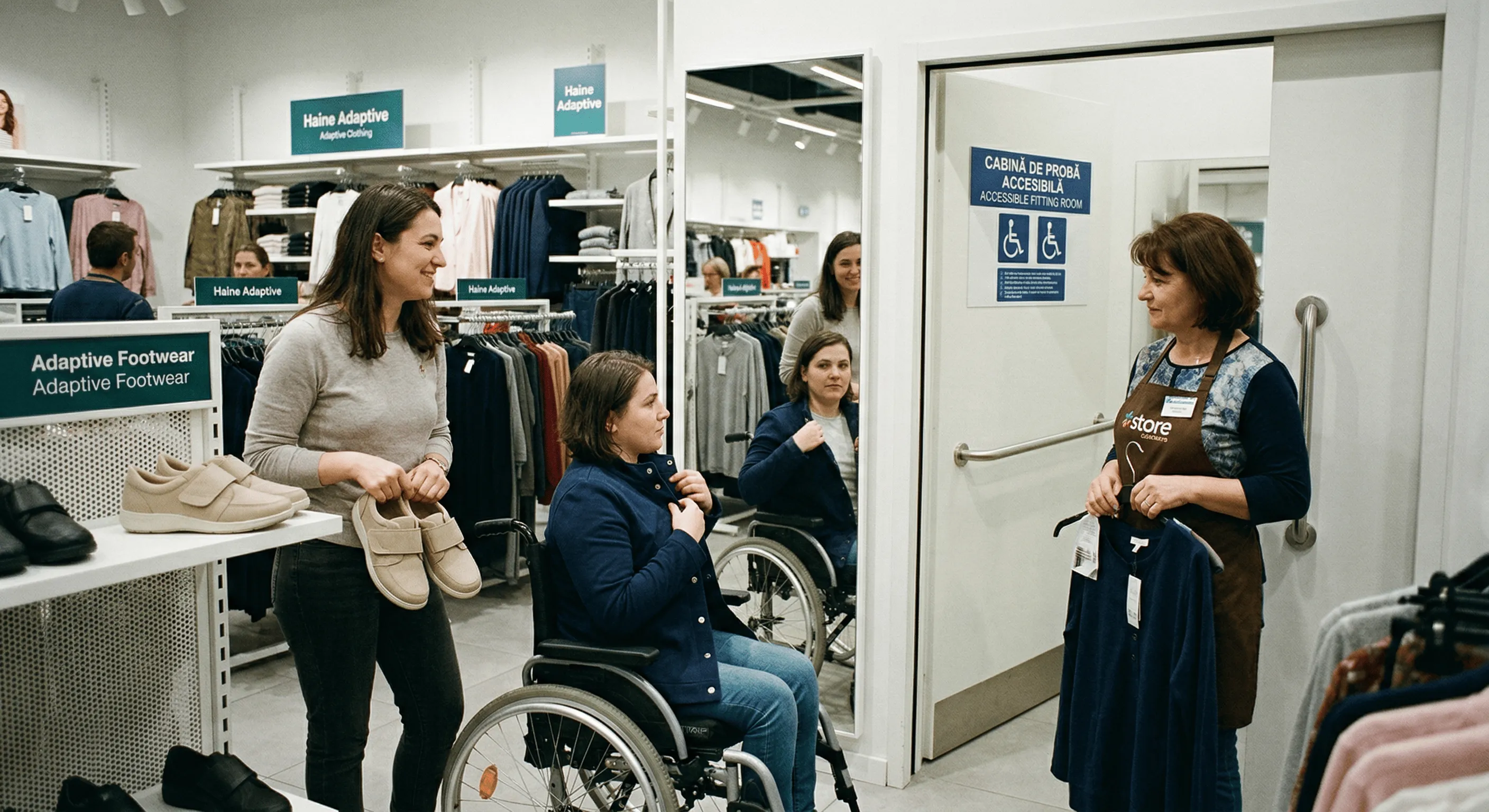 A woman in a wheelchair tries on an adaptive jacket with a store clerk holding clothing near an accessible fitting room.
