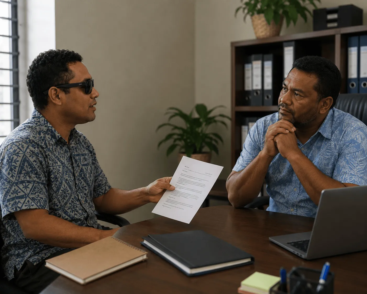A blind man is discussing a document with his superior at a desk with a laptop in an office.