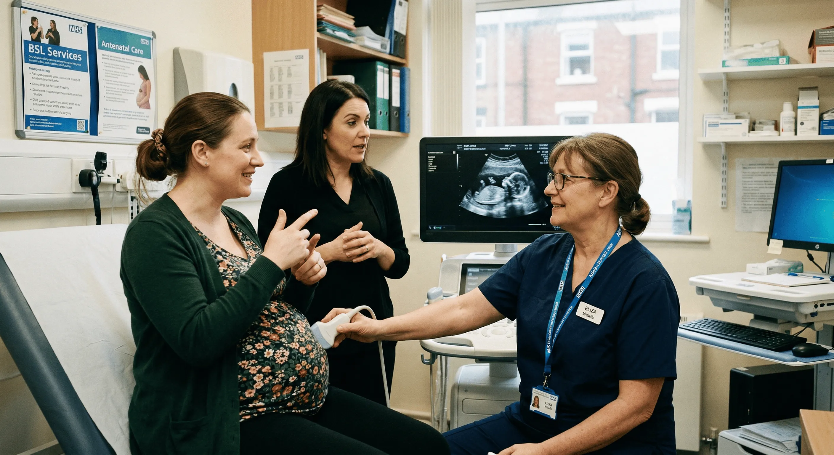 A pregnant deaf woman signing during an appointment with her doctor. There is an interpreter with them.