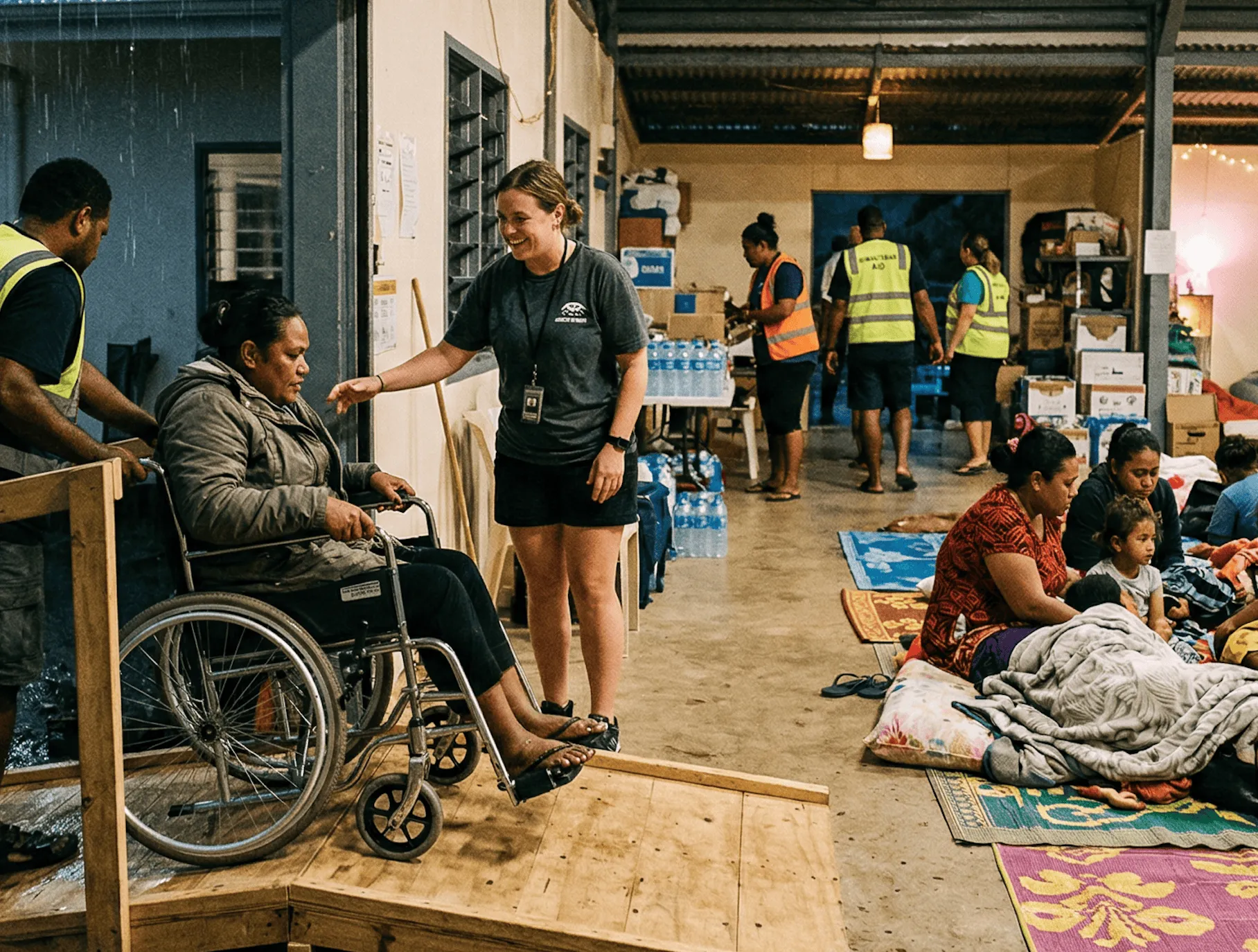 Volunteers assist a woman in a wheelchair at a relief shelter where others rest and receive aid.