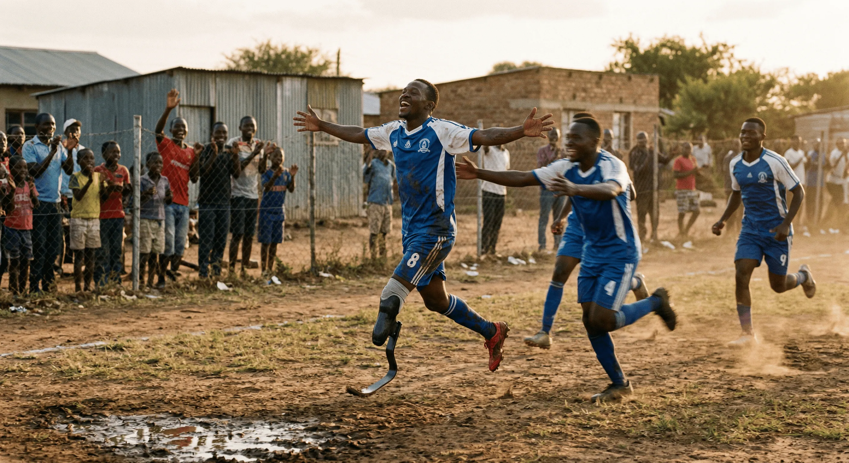 An amputee soccer player celebrating a goal with teammates running on a dirt field as a crowd cheers behind a fence.