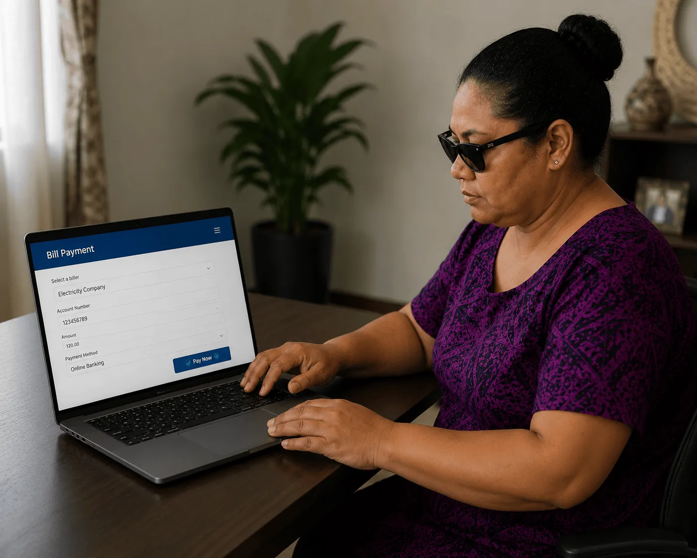A blind woman using a laptop to pay an electricity bill online.