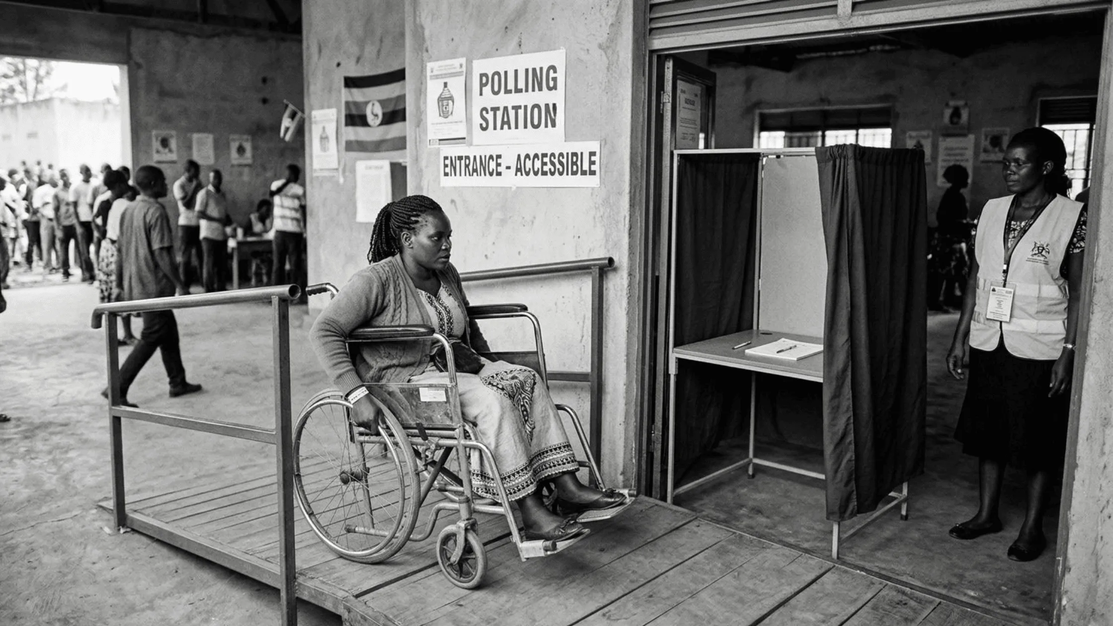 A woman in a wheelchair is entering an accessible polling station ramp with an election official nearby.