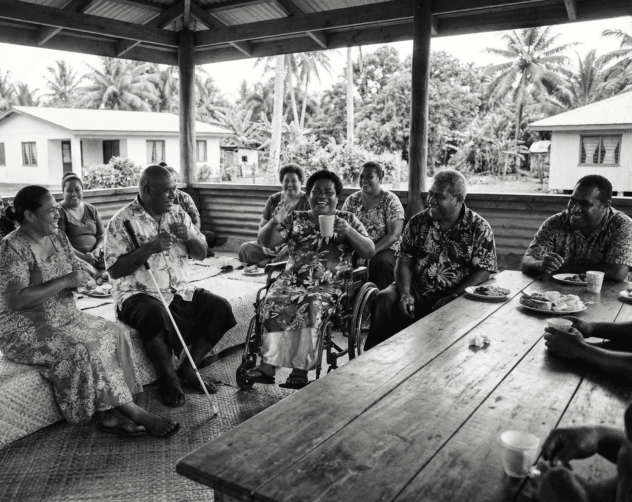 A group of friends with different disabilities is at a gathering. A blind man with a white cane and a woman in a wheelchair are present. There are persons without disabilities in the group. They are all laughing; there are plates of food on the tables. In the background we see trees and houses. 