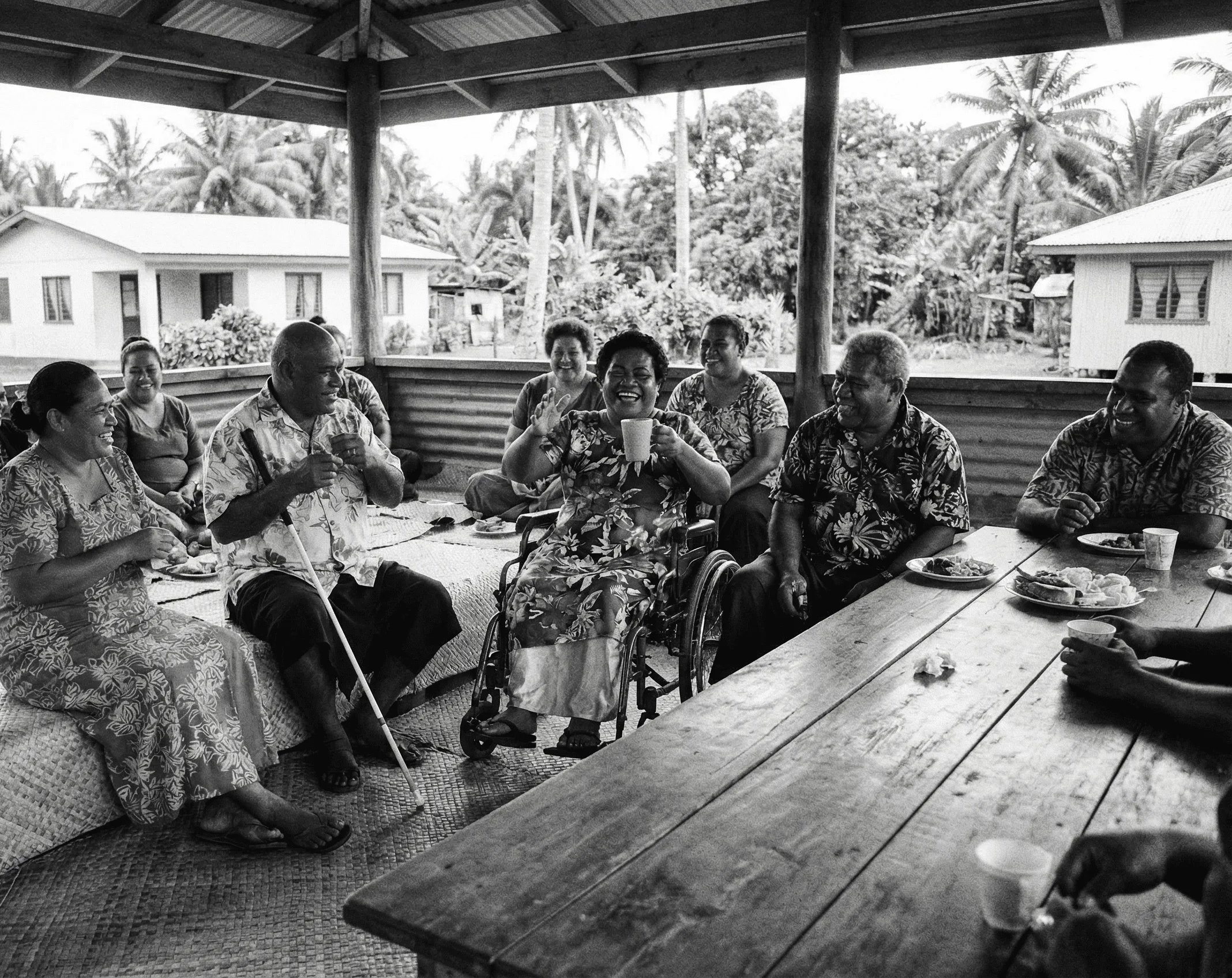 A group of friends with different disabilities is at a gathering. A blind man with a white cane and a woman in a wheelchair are present. There are persons without disabilities in the group. They are all laughing; there are plates of food on the tables. In the background we see trees and houses. 