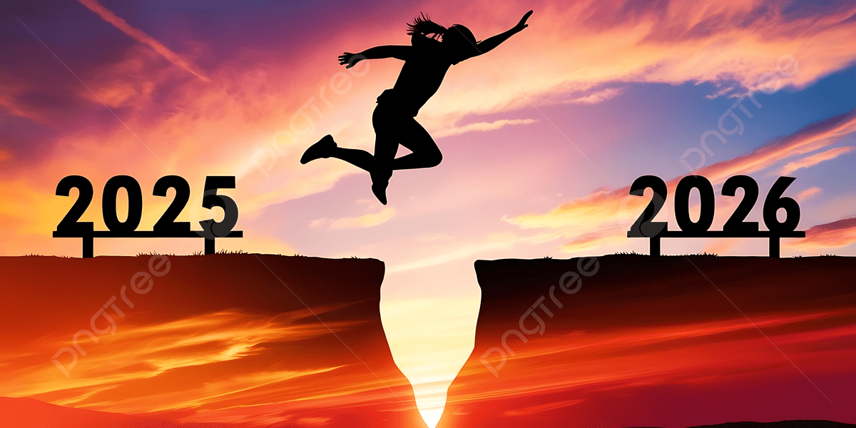 Persoon Springt Van 2025 Tot 2026 Over Gap Bij Levendige  Zonsonderganghemel, Nieuwjaarsprong, 2025 Tot 2026 Sprong, Zonsondergang  Silhouet Achtergrond Afbeelding Voor Gratis Download