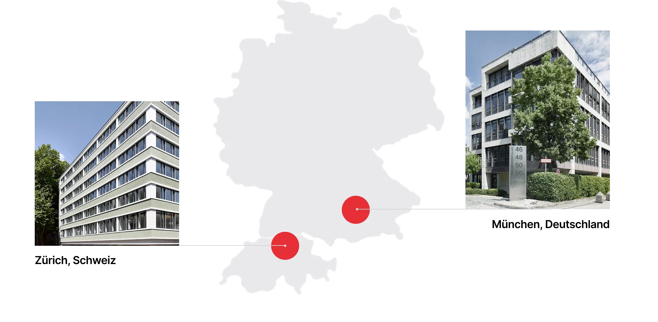 Standorte München und Zürich markiert auf einer Karte von Deutschland und der Schweiz