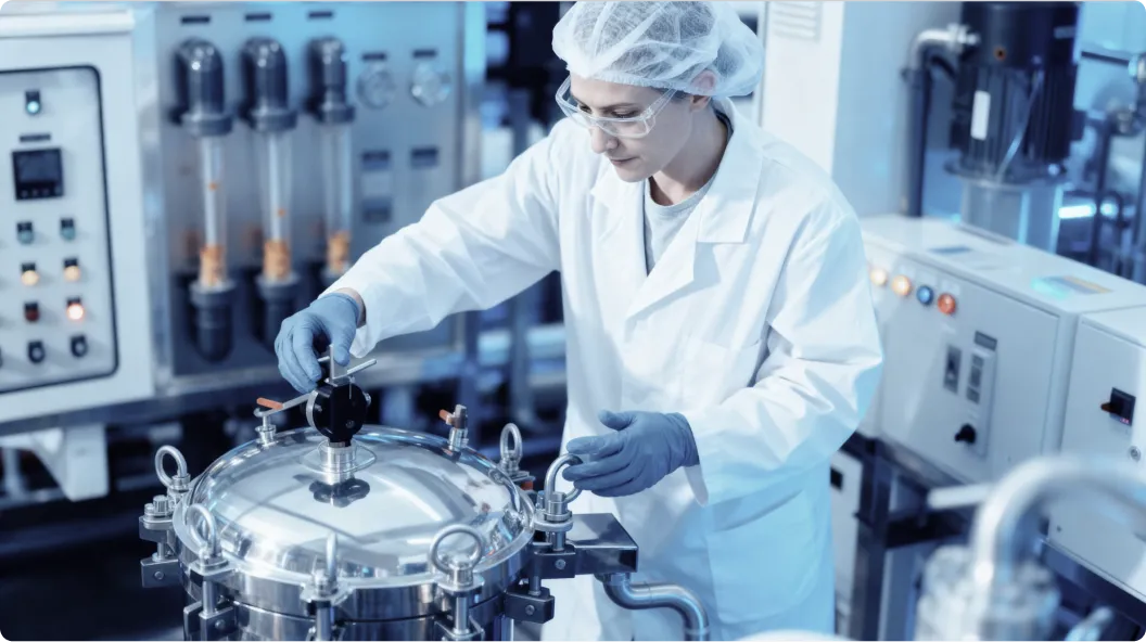 Eine Laborantin in weißem Kittel, Schutzhaube und Handschuhen bedient eine große Edelstahlmaschine in einem Labor oder einer Fertigungsanlage.