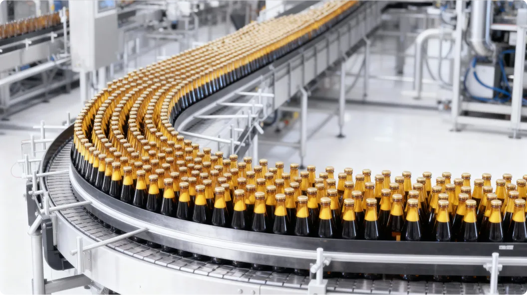 Fließband mit vielen braunen Bierflaschen mit goldenen Kronkorken in einer Abfüllanlage.