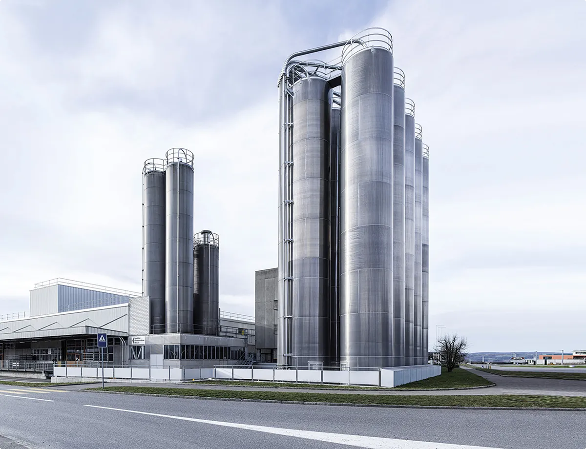 Industrielle Anlage mit mehreren großen silbernen Lagertanks und einem angrenzenden Gebäude unter bewölktem Himmel.