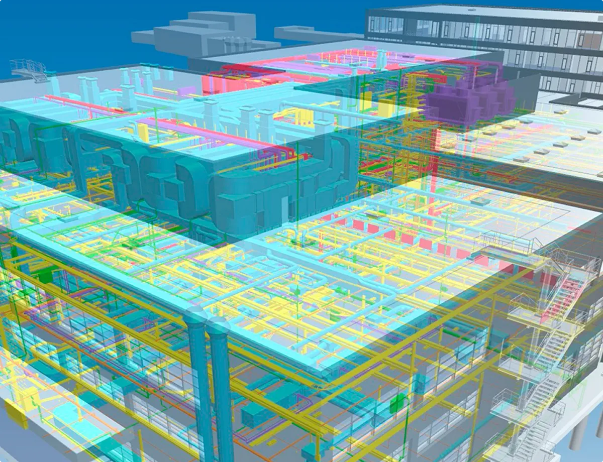 Transparente 3D-Visualisierung der komplexen Rohrleitungs- und Lüftungssysteme eines modernen Gebäudes.
