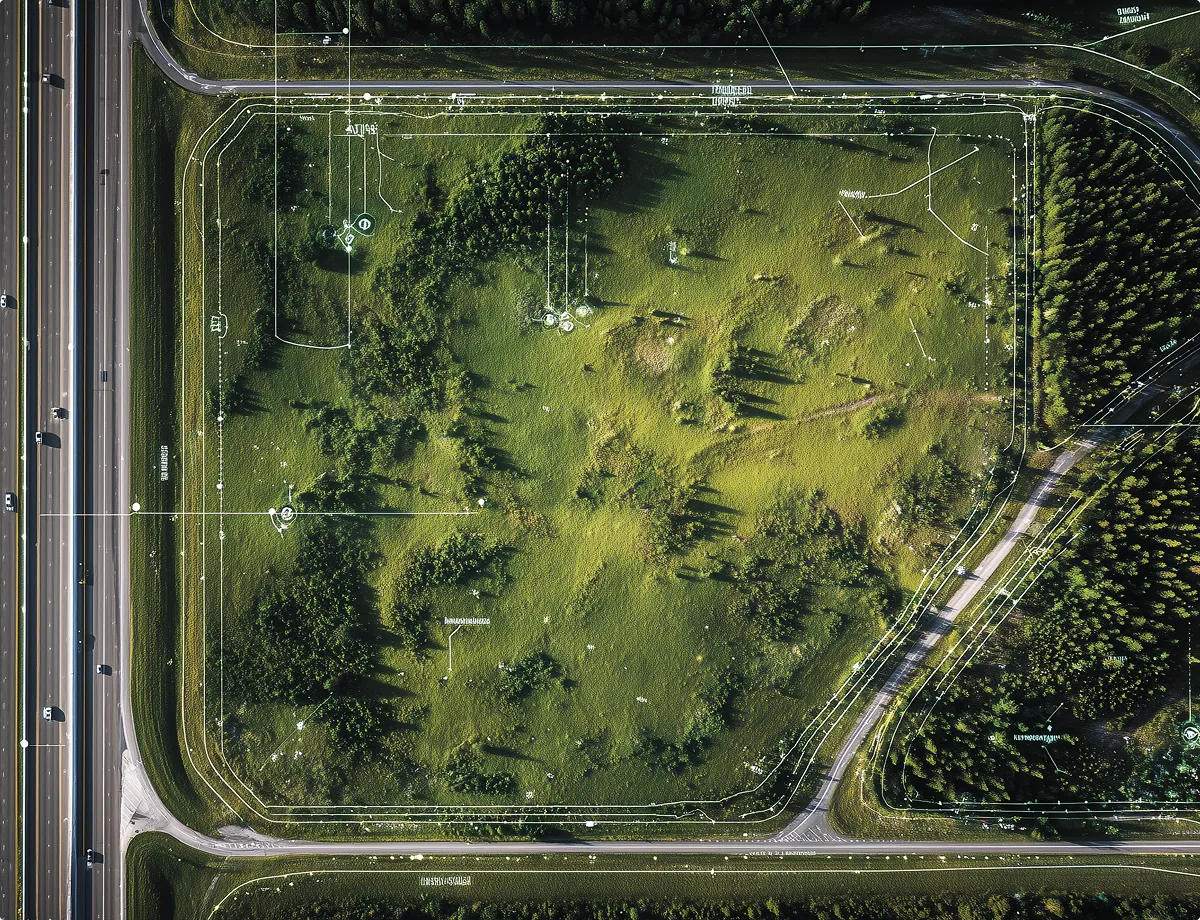 Aerial view of a green, wooded plot surrounded by roads and a highway on the left.