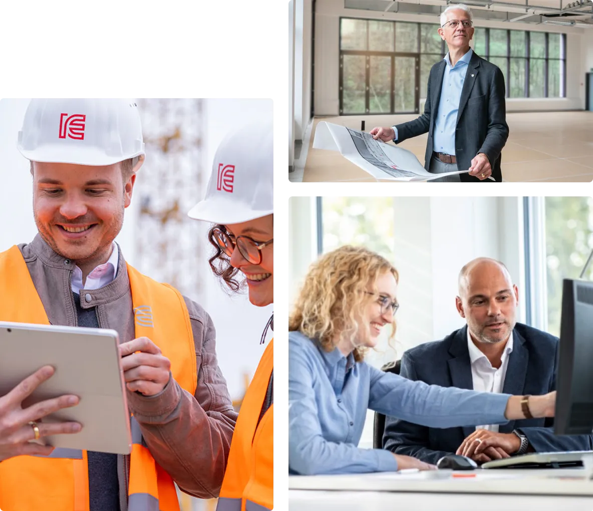 Three pictures show different working environments: Two construction workers wearing safety helmets and orange safety vests are looking at a tablet, a man with gray hair is holding a construction plan in an empty room, two colleagues are discussing data on a computer at a desk.