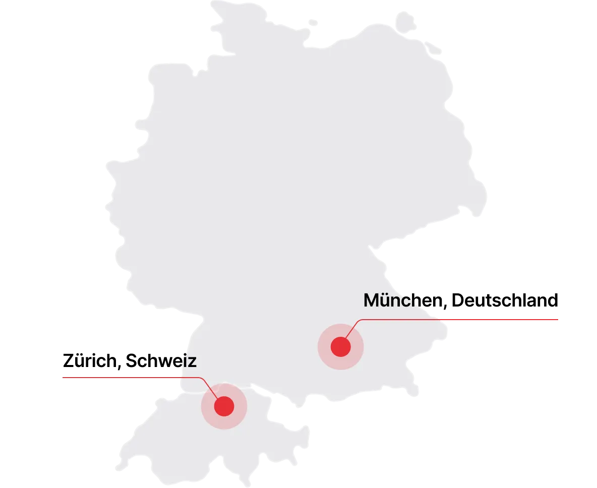 Standorte München und Zürich markiert auf einer Karte von Deutschland und der Schweiz