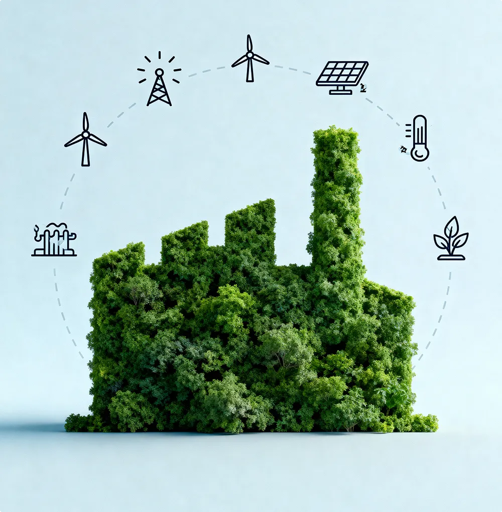 Green plants in the shape of a factory, surrounded by symbols of sustainable energy such as wind turbines, solar panel, thermometer and leaf.