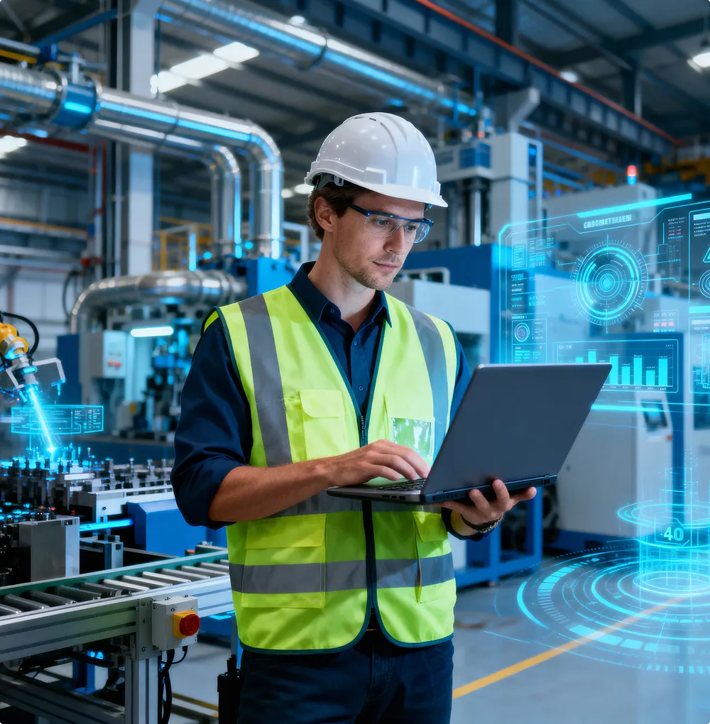 Engineer wearing a safety helmet and safety vest works on a laptop in a modern factory with holographic data displays.