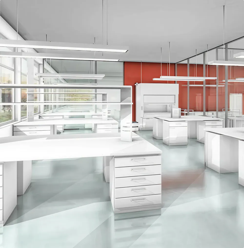 Bright, modern laboratory room with white work tables, drawers and large windows, red wall in the background.
