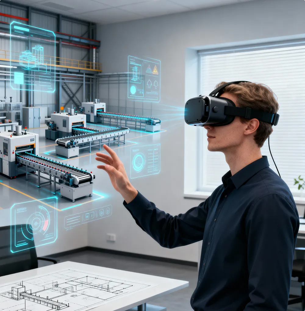 Young man wearing VR glasses controls and visualizes factory production with virtual control panels in a modern office.