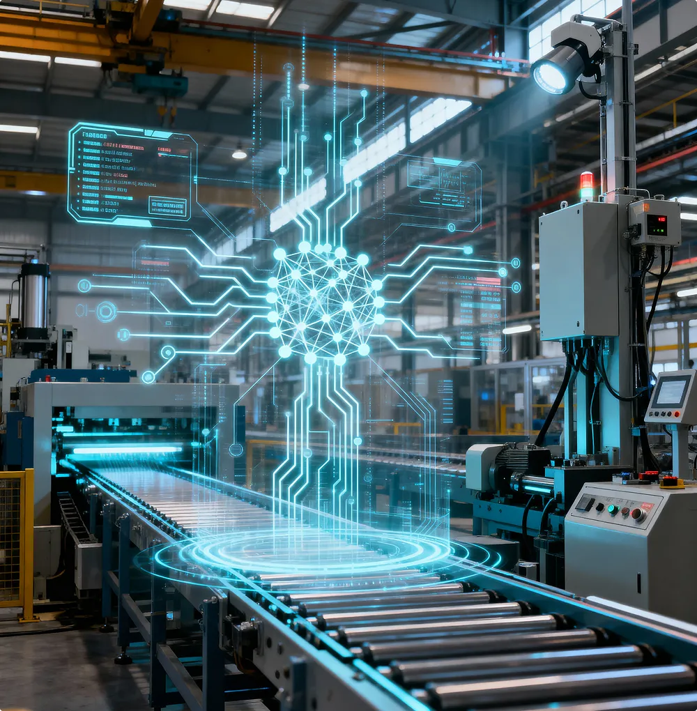 Industrial conveyor belt with digital holographic representation of a neural network in a factory building environment.