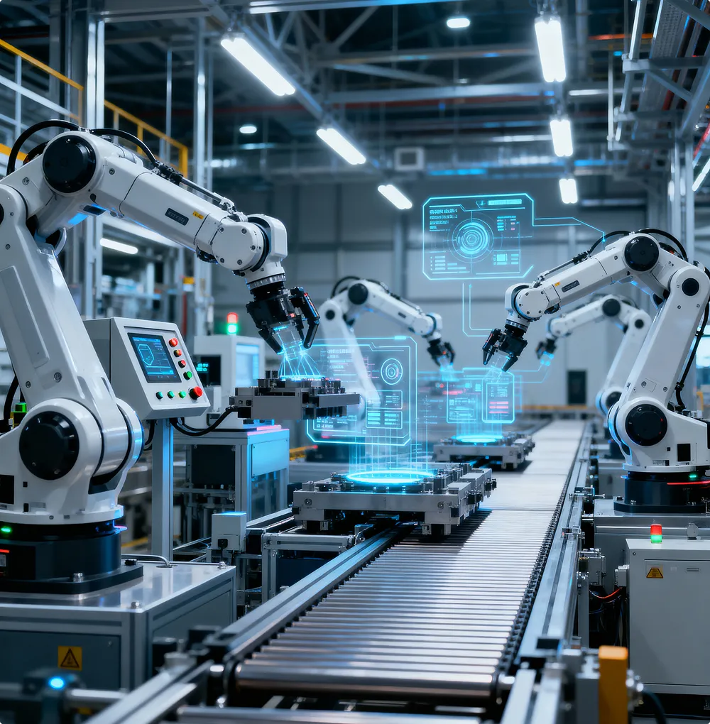 Industrial robots work on a production line with digital hologram interfaces in a modern factory.
