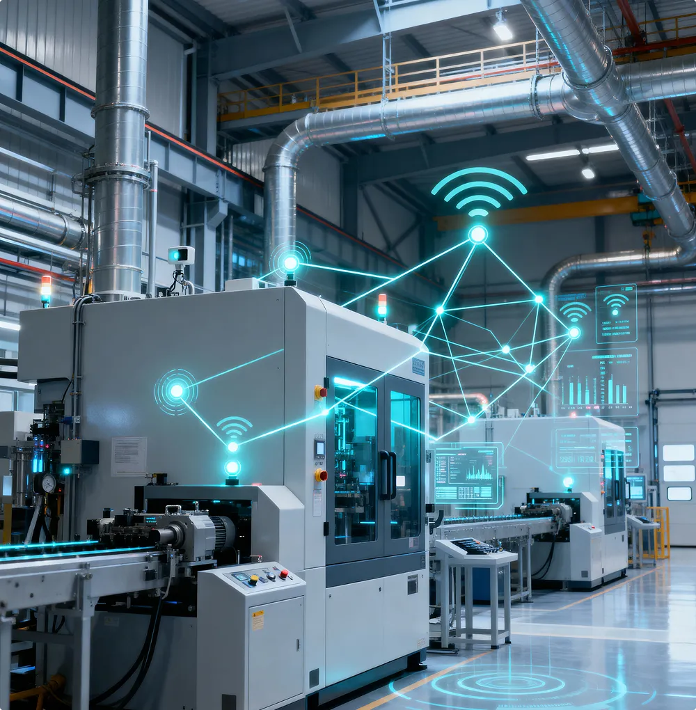 Modern factory with networked, automated machines and digital interfaces in an intelligent production hall.