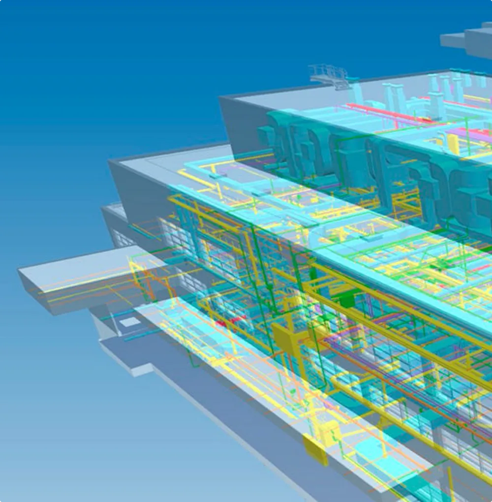 Transparent 3D view of a building model with visible electrical pipes and installations.