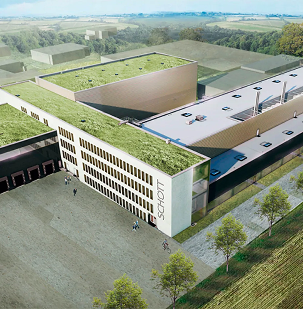 Architectural 3D rendering of a Schott Pharma industrial building.
