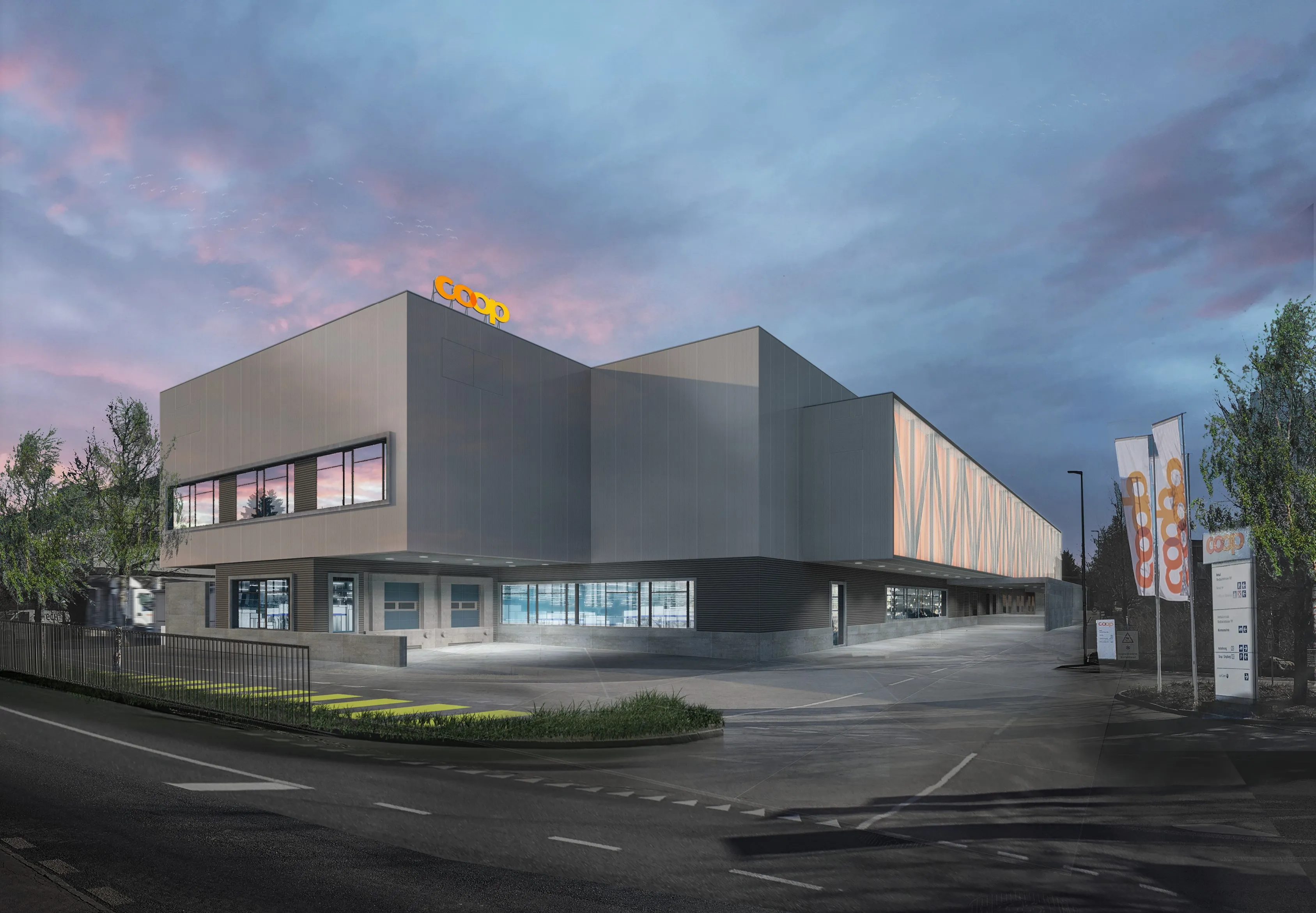 A modern empty logistics distribution center in a grey industrial building.