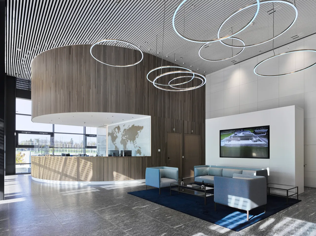 Modern, aesthetic reception of a distribution center.
