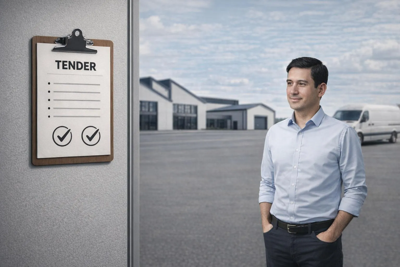 Ein Mann steht vor modernen Gewerbehallen, während ein Klemmbrett mit der Aufschrift „Tender“ und abgehakten Punkten den erfolgreichen Ausschreibungsprozess symbolisiert.
