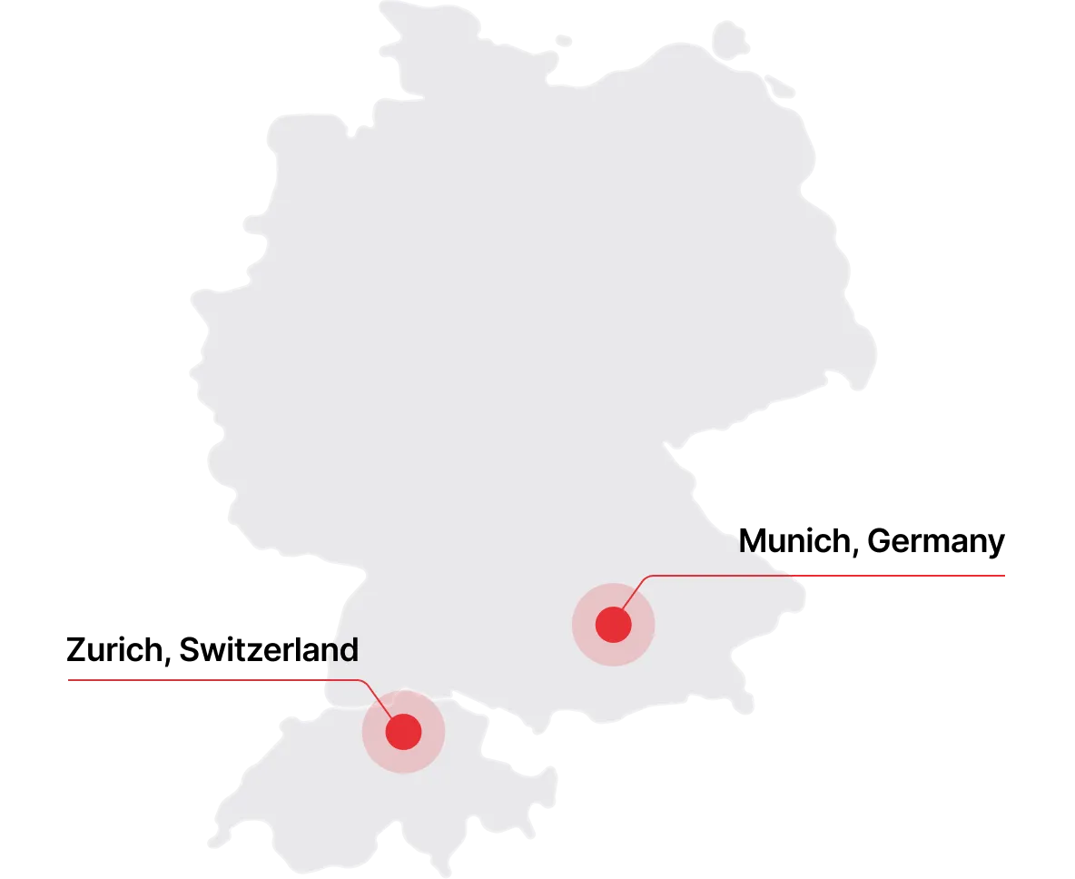 Locations in Munich and Zurich marked on a map of Germany and Switzerland