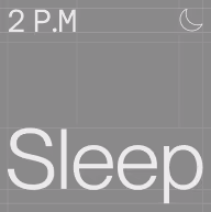 Digital screen showing time 2 P.M., a crescent moon icon, and the word Sleep in large letters.