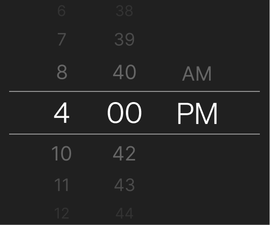 Digital time picker set to 4:00 PM on a dark background.