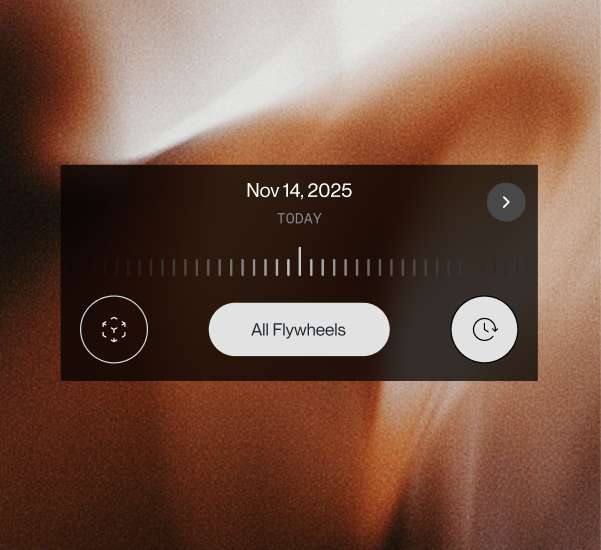 Date selector interface displaying November 14, 2025, with controls for selecting all flywheels and adjusting time settings.