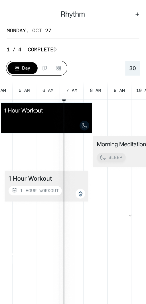 Schedule interface showing completed tasks for Monday, Oct 27: a 1-hour workout from 5 AM to 6 AM with a moon icon, and a morning meditation labeled sleep at 9 AM.