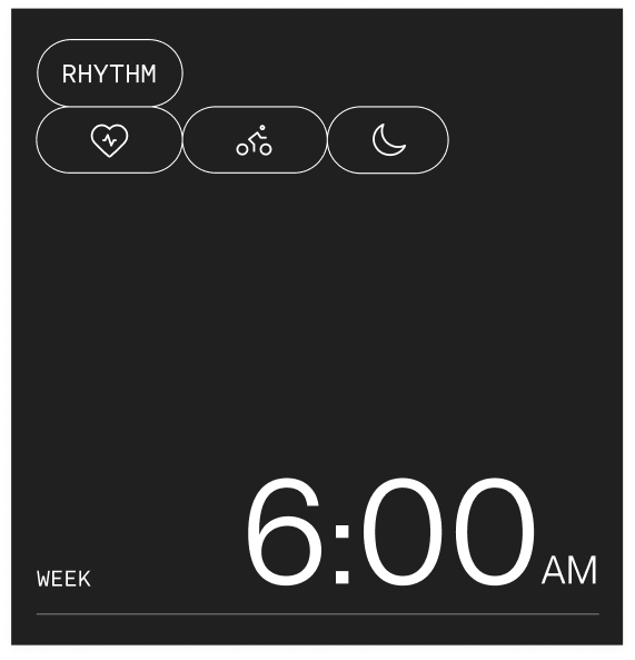 Clock screen displaying 6:00 AM with icons for heart rate, cycling, and sleep rhythm at the top left.
