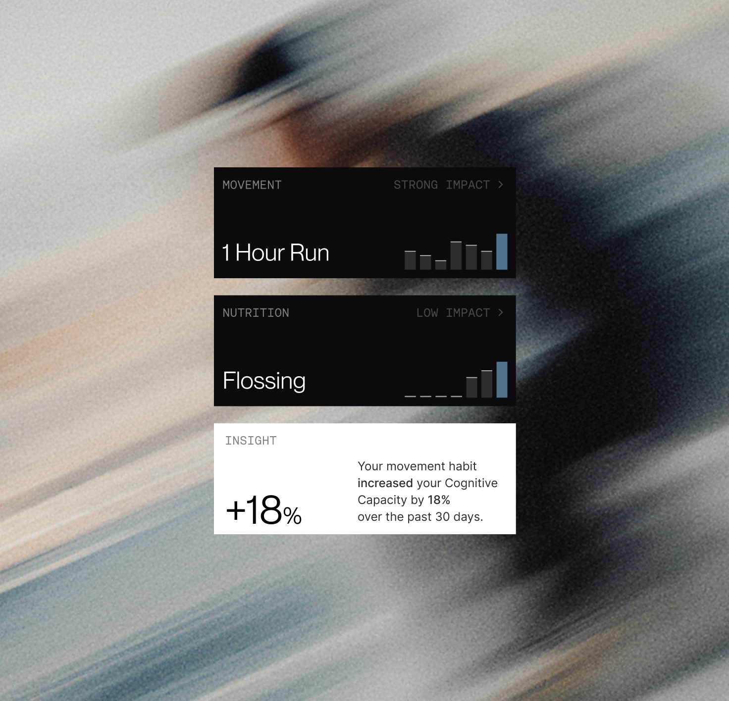 Data cards showing 1 Hour Run with strong impact on movement, Flossing with low impact on nutrition, and an insight indicating an 18% increase in cognitive capacity from movement habits.