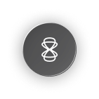 White hourglass icon centered on a black circular background with a subtle glow.