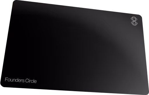 Black card with rounded corners labeled 'Founders Circle' and a small abstract logo in the top right corner.