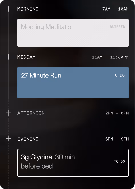 Daily schedule showing morning meditation skipped, midday 27 minute run to do, and evening 3g glycine before bed to do.
