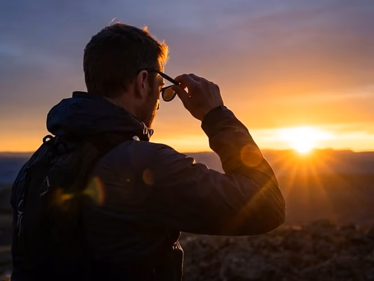 Man adjusting sunglasses while watching a sunset outdoors with a backpack on.