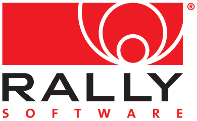 Rally Software logo with red abstract circular design above the word Rally and red text Software below.